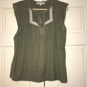 Loft Olive Green Tassel Neck Top M